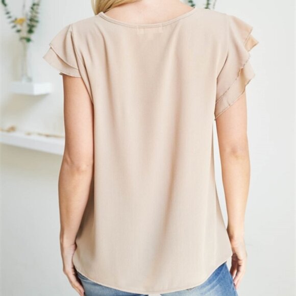 SOLID RUFFLED SLEEVE TOP- tan - Picture 7 of 8